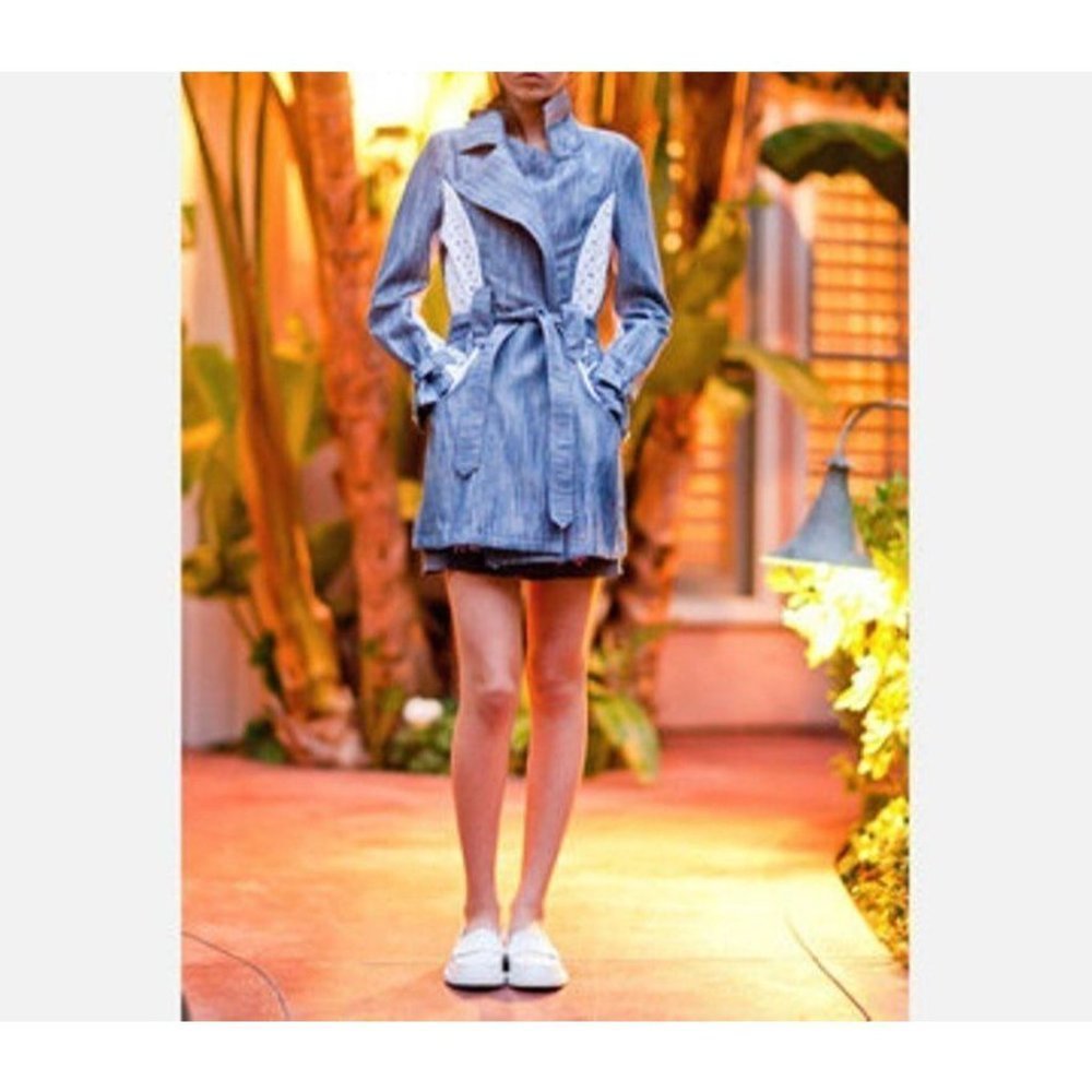 PENCEY Trench LIGHTWEIGHT Jacket  COTTON Belted EYELIT Blue WHITE Panels ( 4 )